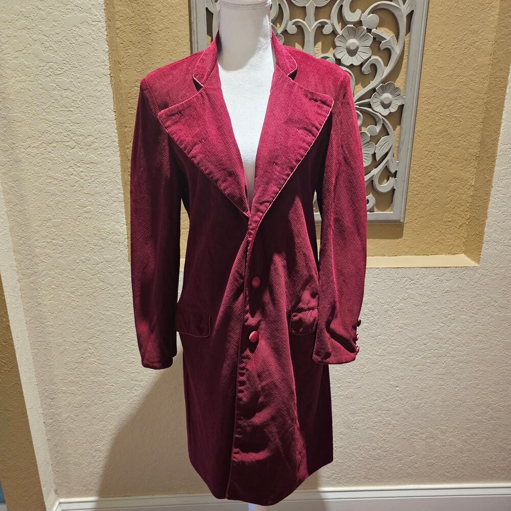 Burgundy Corduroy Velvet S Long Coat Statement Dramatic Gothic Victorian Cosplay - Picture 4 of 16